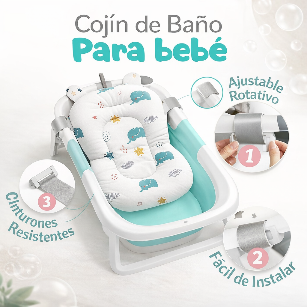 Cojín para bañera de bebé (Diseño elefantes turquesa)